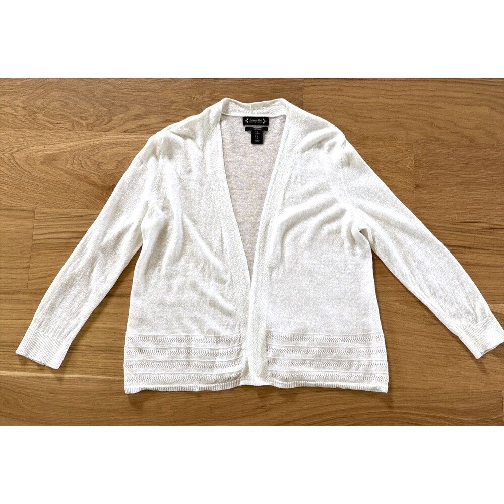 NANETTE LEPORE 100% Linen White Cardigan Open Front M Pointelle Dainty Coquette - Picture 9 of 13
